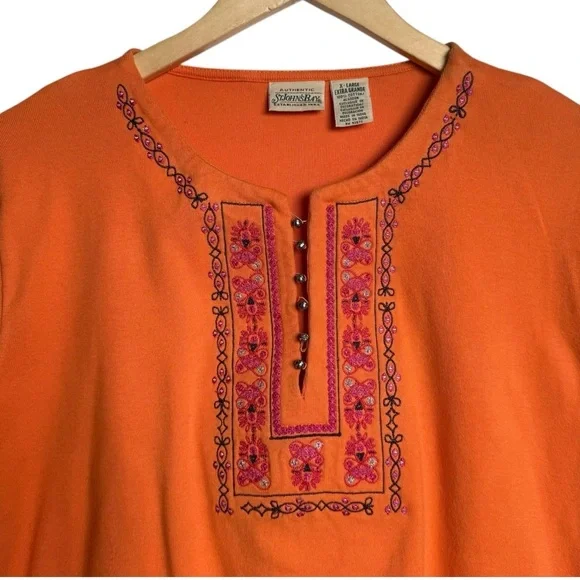 St. John’s Bay Embellished T-Shirt Women XL Orange Embroidered V-Neck - Picture 3 of 9
